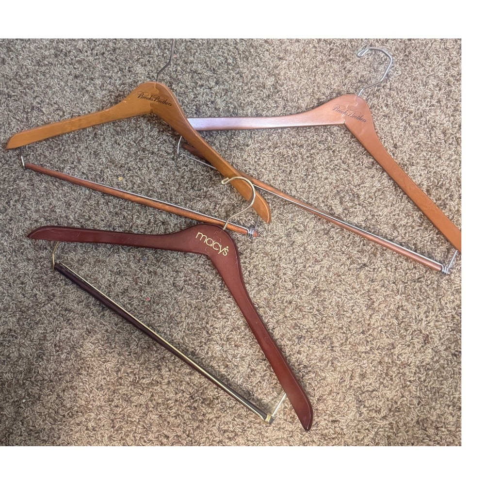 Brooks Brothers & Macys Wooden Suit Hangers Set of 3 Vintage Mens Brown Wood